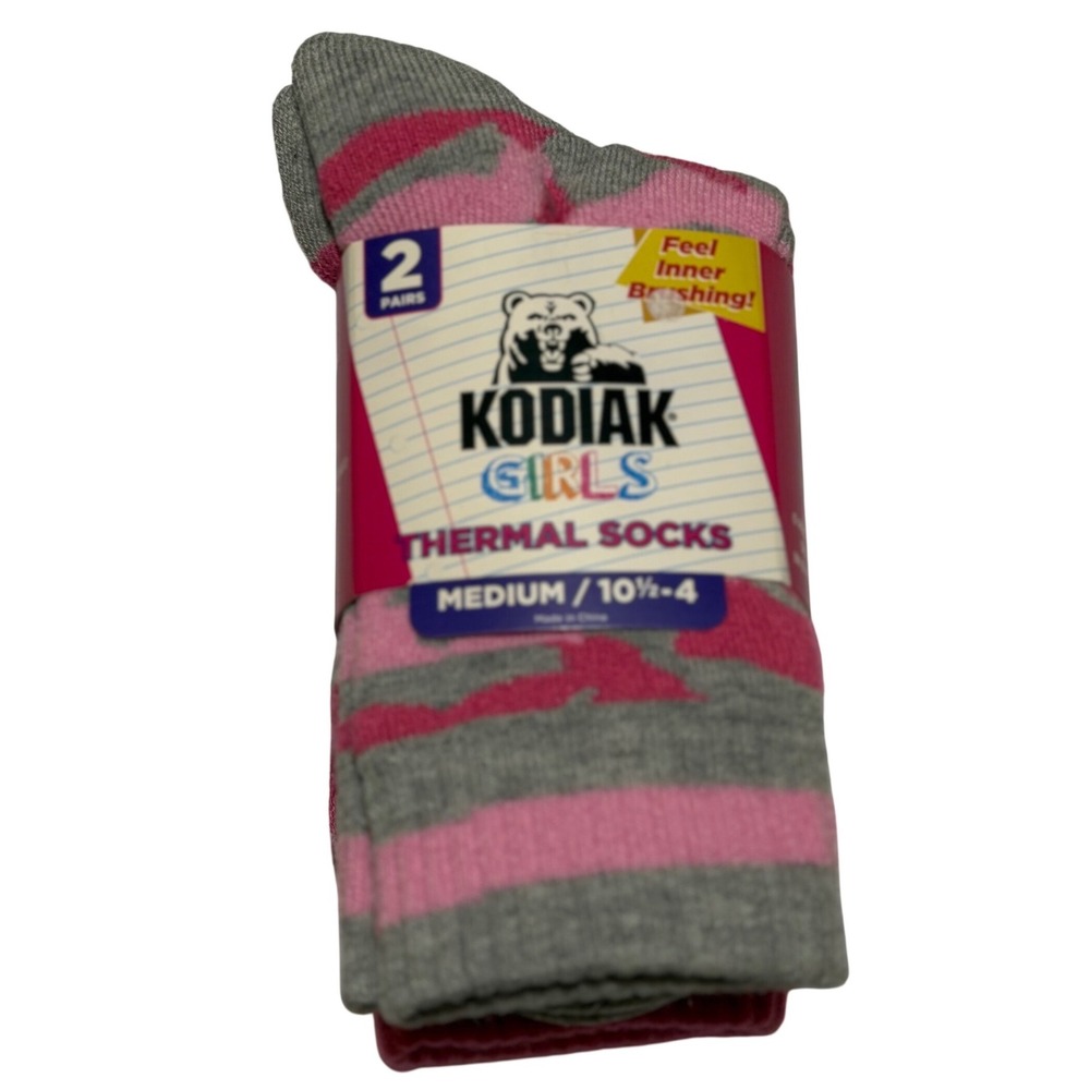 Kodiak Thermal Socks Pink Grey Camo Stripe 2-Pack Heavy Duty Winter Medium Girls
